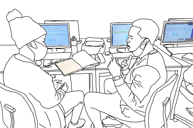 A digital sketch of two people sitting in front of a bank of computers, a book between them, talking.