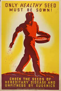 Un poster : sur un fond jaune, un homme rouge sème des graines dans un champ.