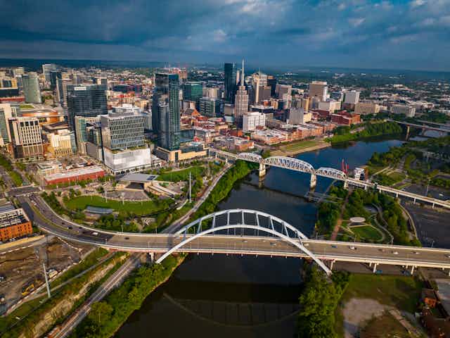 Aerial view of the Nashville skyline and the Cumberland River