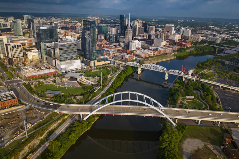 Aerial view of the Nashville skyline and the Cumberland River
