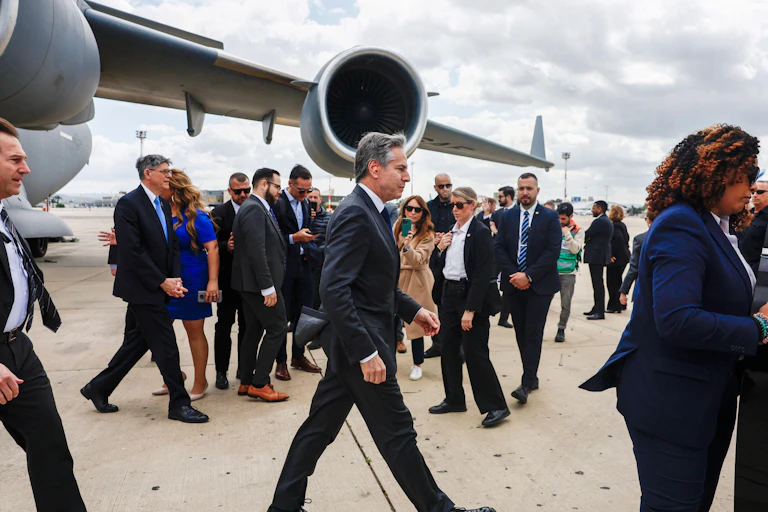 Antony Blinken arrives in Tel Aviv, Israel walking on to airport tarmac, ahead of UN Security Council vote on immediate ceasefire.