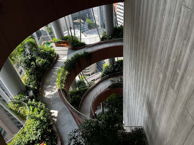 Internal staircase of a building with lots of plants