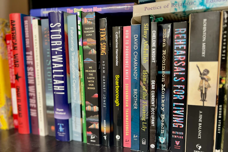Black bookshelf with various literary texts.