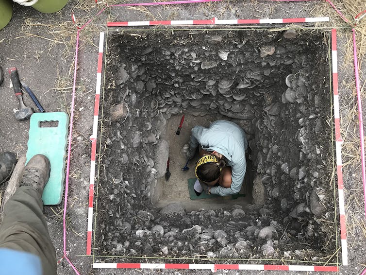 A photo of a person digging in a very neat, square hole.