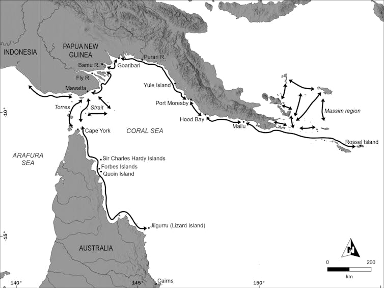 A map showing Cape York and New Guinea, with important locations and connections marked.