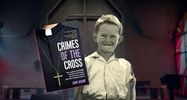 a small boy stands in front of a church background, next to a book cover: Crimes of the Cross