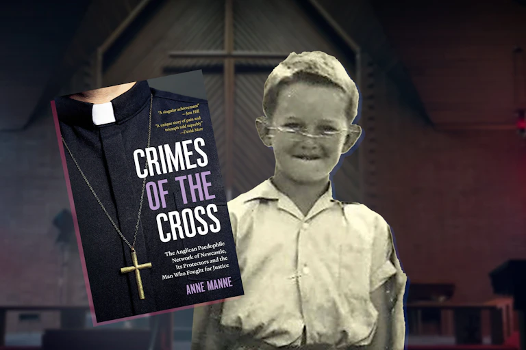 a small boy stands in front of a church background, next to a book cover: Crimes of the Cross