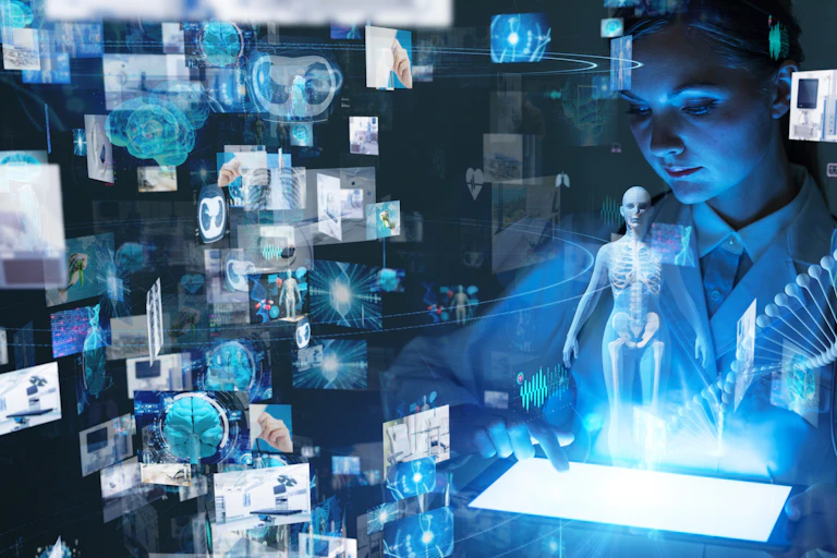 a woman looks at a device with graphics related to health superimposed around her