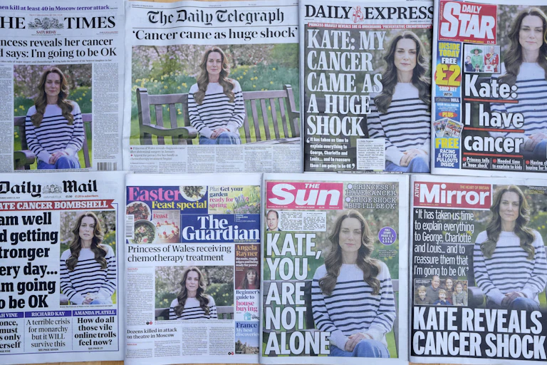 Eight newspapers all with Catherine, Princess of Wales on the front page with headlines about her cancer diagnosis