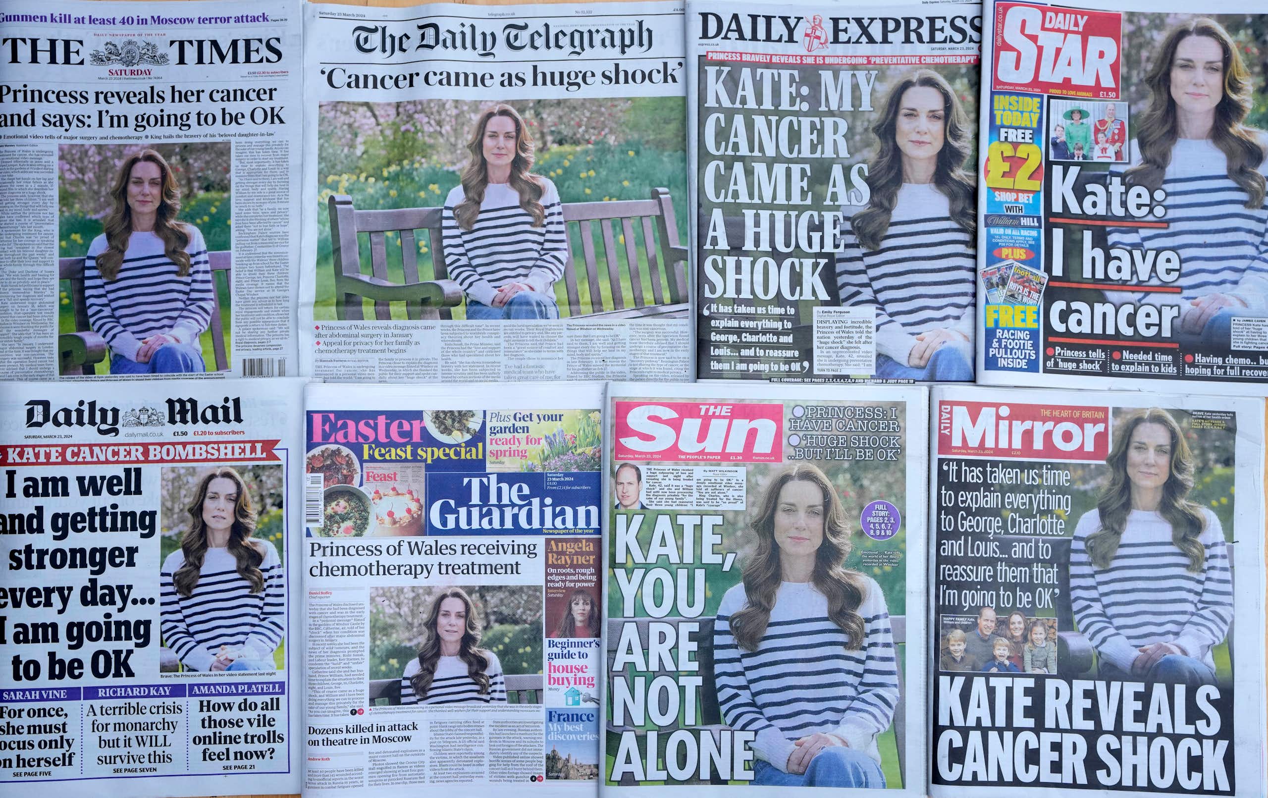 Eight newspapers all with Catherine, Princess of Wales on the front page with headlines about her cancer diagnosis