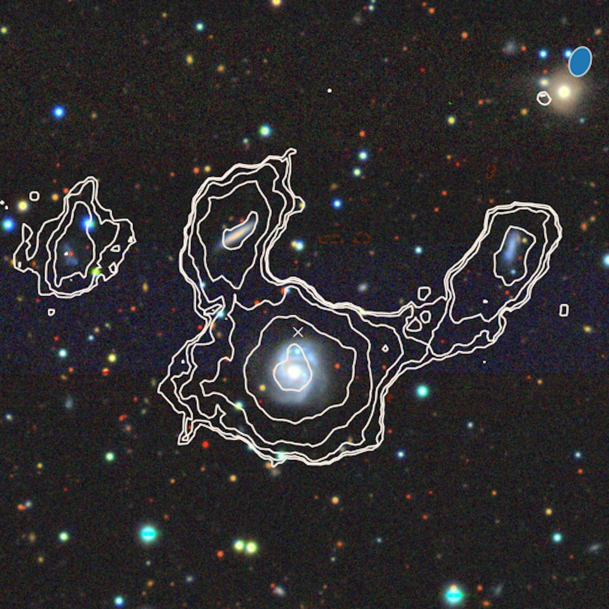 A photo of stars against a black background, with white contour lines drawn around some.
