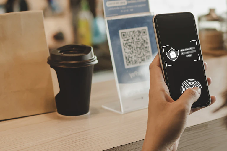 The hand of a customer using a mobile phone to scan a QR code in a coffee shop.