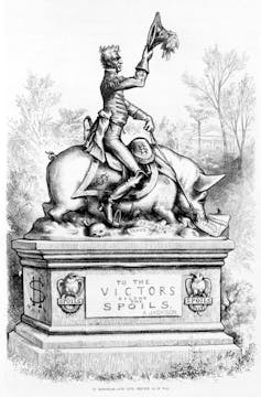 Un dibujo de una estatua con una caricatura de Andrew Jackson montado en un cerdo.