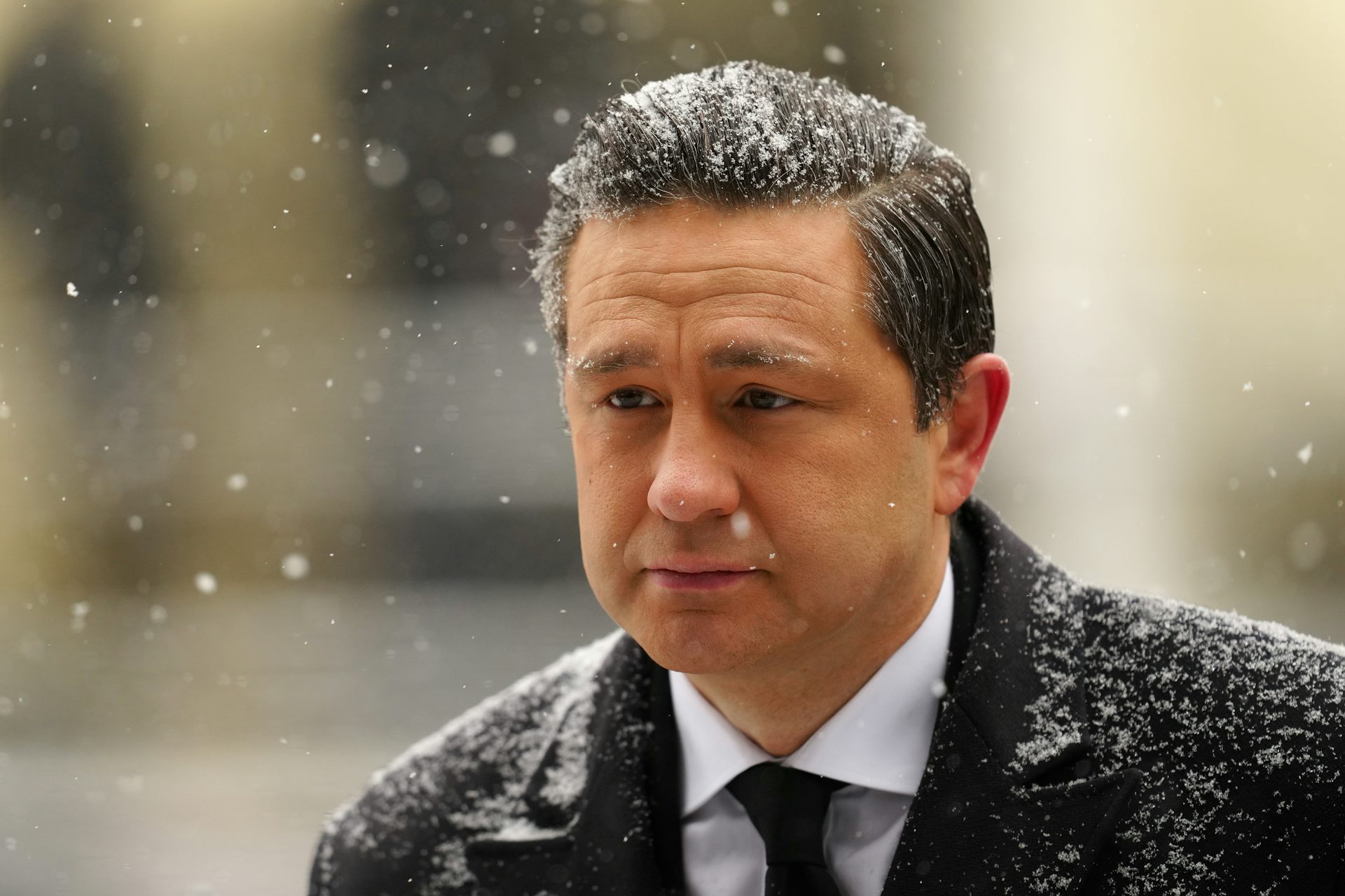 A dark-haired man with snow on his head and his coat.