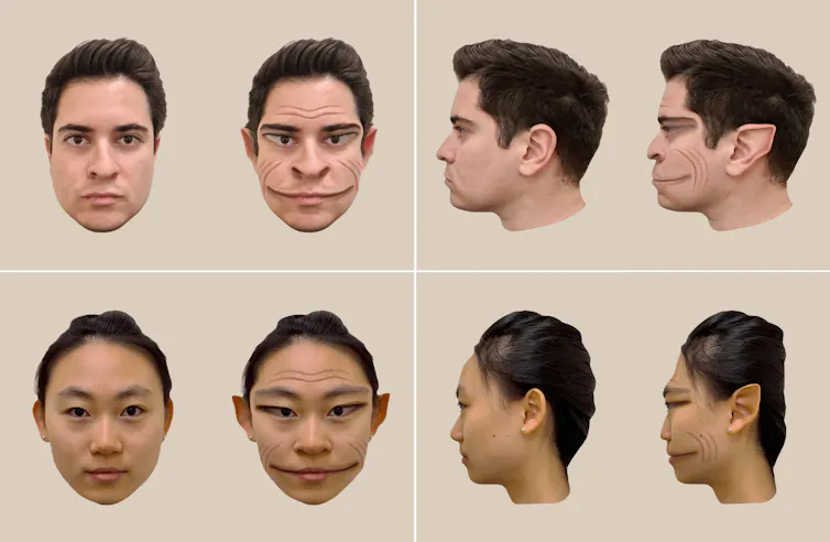 Male and female photos next to computer generated image of distortions