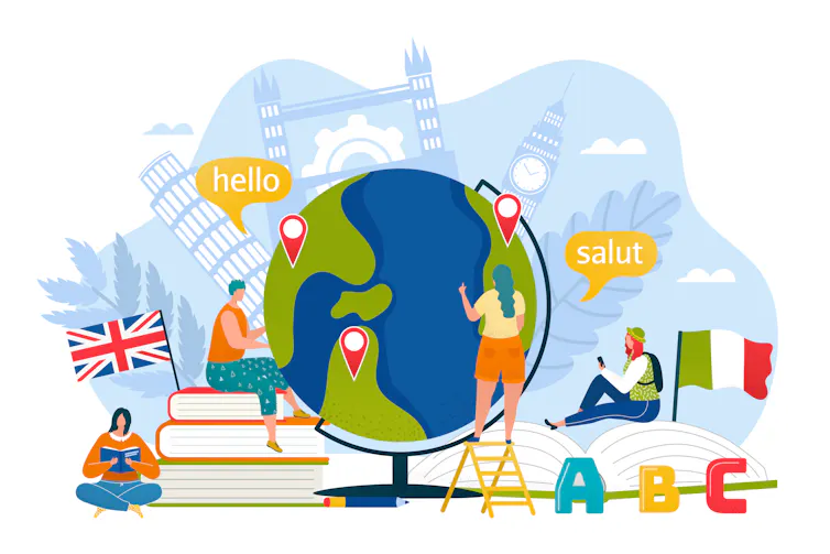 Personnages autour d’un globe en train d’apprendre des langues