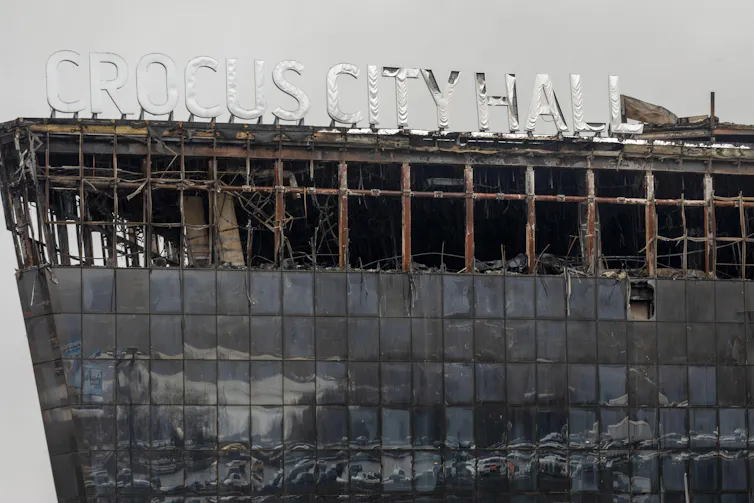 The damaged exterior of Crocus City Hall, near Moscow, after the terrorist attack.