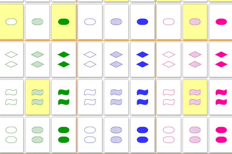 Grid of cards with one of three shapes, colors and patterns