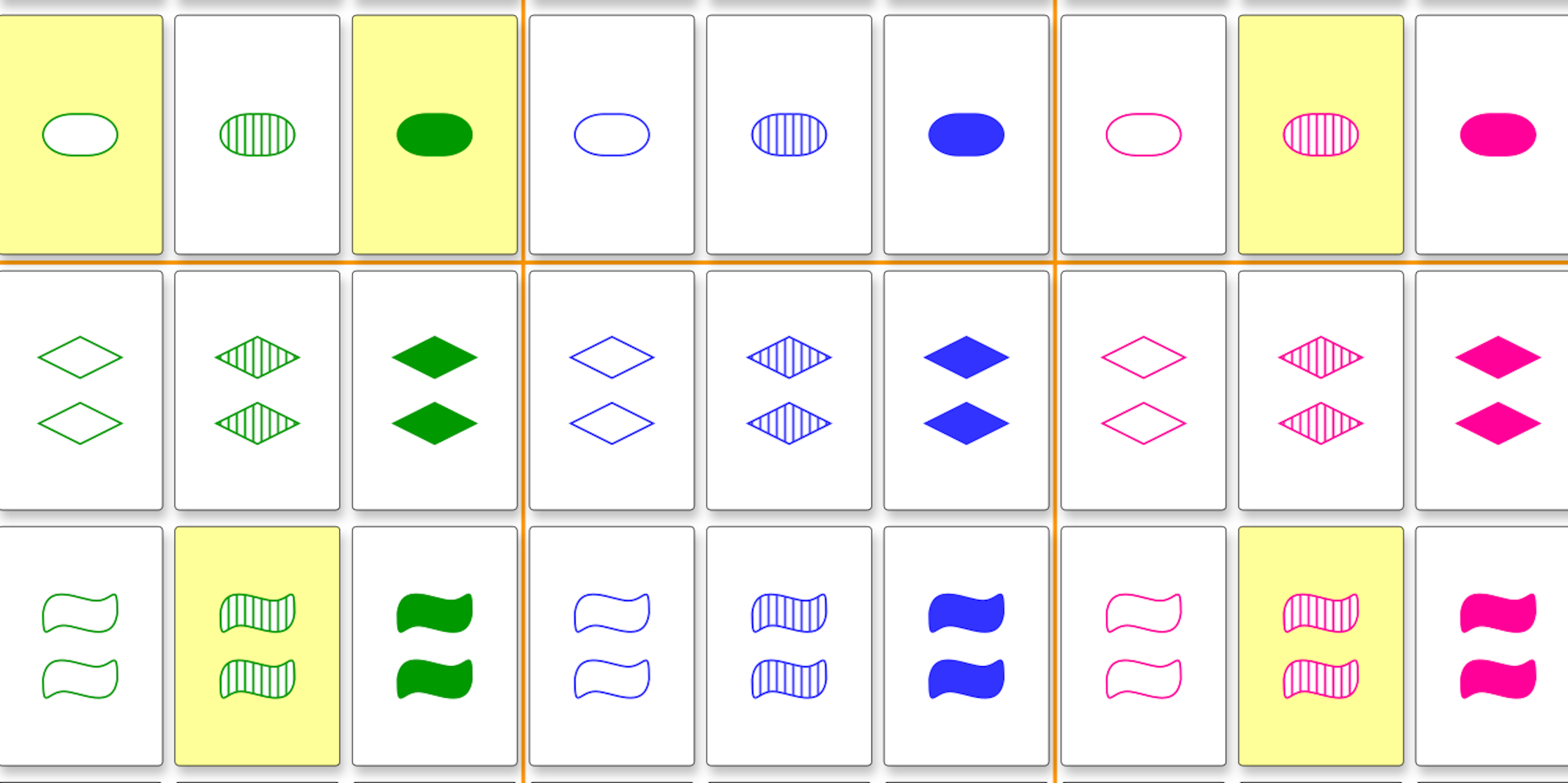 Grid of cards with one of three shapes, colors and patterns