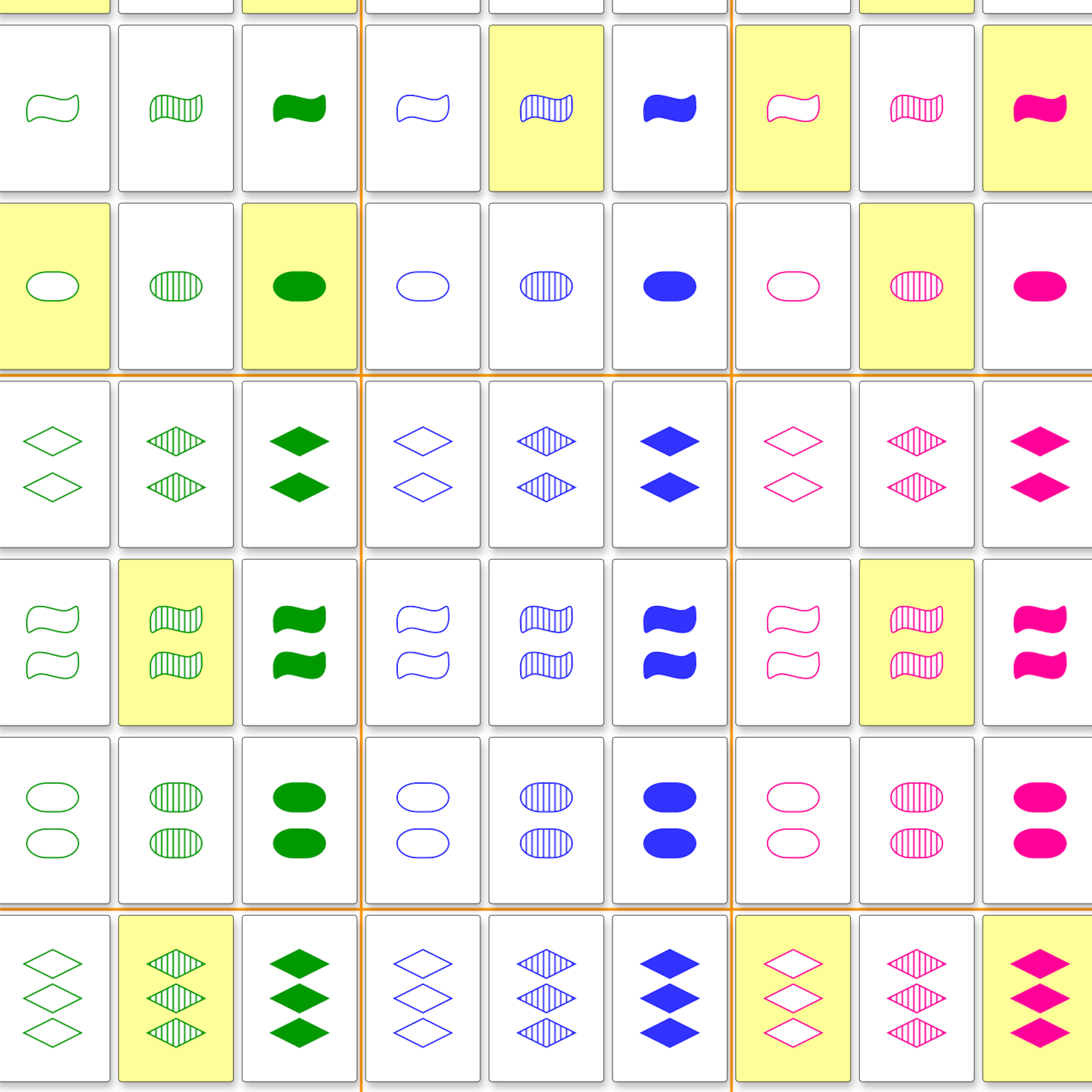 Grid of cards with one of three shapes, colors and patterns