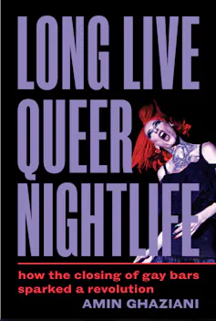 Cover of a book with a black background and purple title that says Long Live Queer Nightlife with a red-haired drag queen on the front.