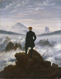 Painting of a man on a rock face looking over into mist.