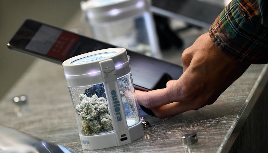 Marijuana flower buds in a jar on a counter on display next to a hand using a digital phone to check out. 