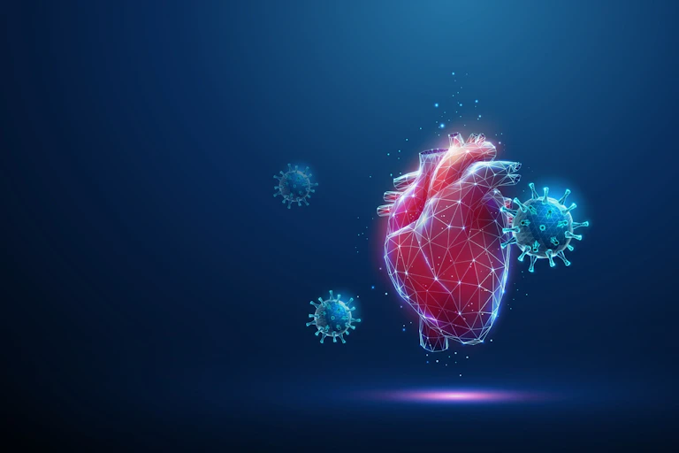 Illustration of a human heart and SARS-CoV-2 virus particles on a blue backround
