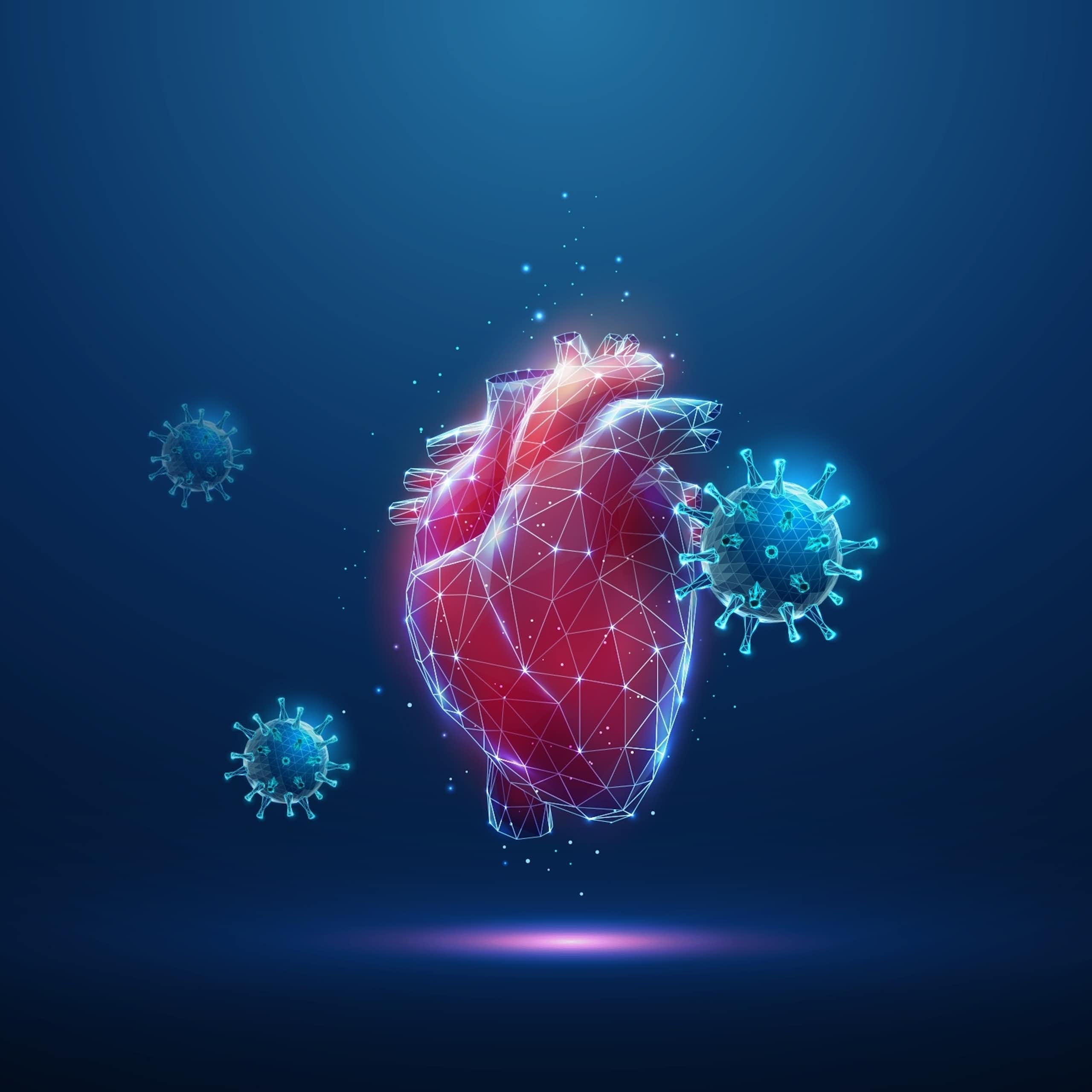 Illustration of a human heart and SARS-CoV-2 virus particles on a blue backround