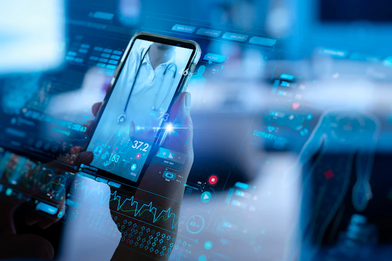 A montage of images showing a dosctor on a smart phone screen