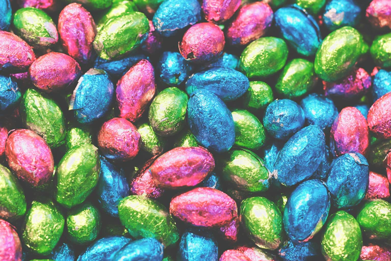 Chocolate Easter eggs wrapped in foil.