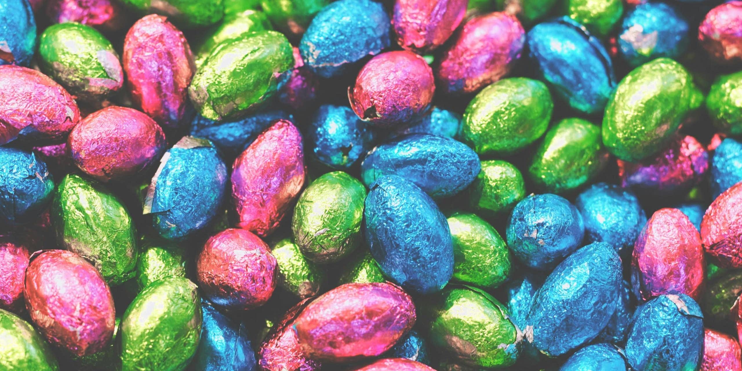 Chocolate Easter eggs wrapped in foil. 