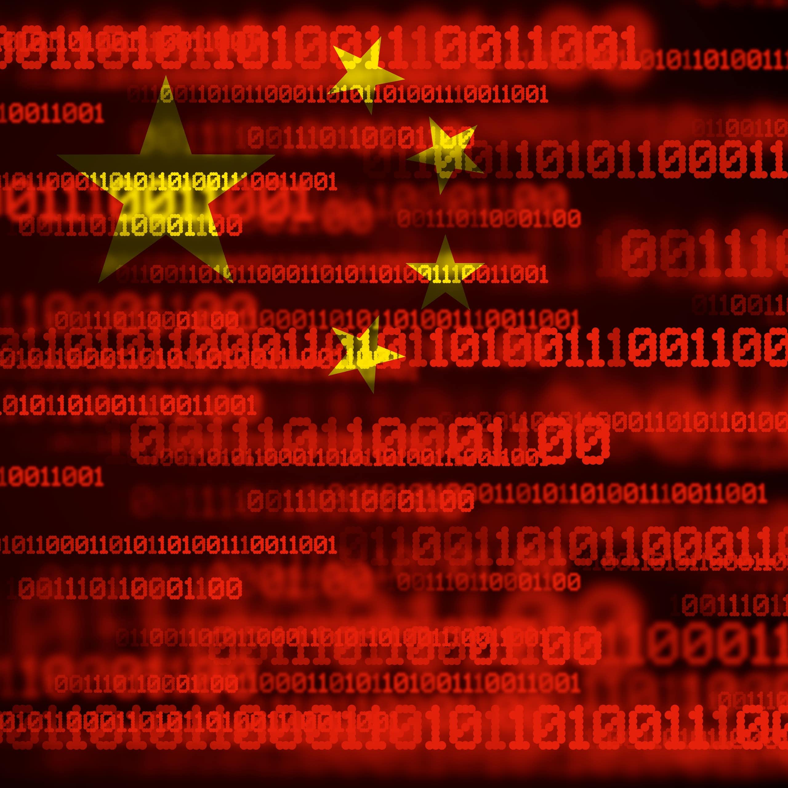 Lines of computer code against a red background with stars similar to the Chinese national flag. 
