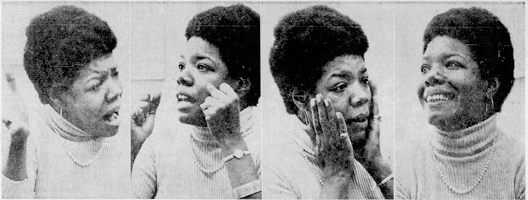 Four black and white photos of Maya Angelou