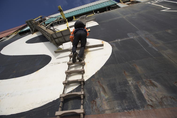 A man climbing down a rope and wood ladder on the side of a very tall ship.