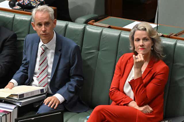 Two politicians sit next to each other on the front bench in the house of representatives