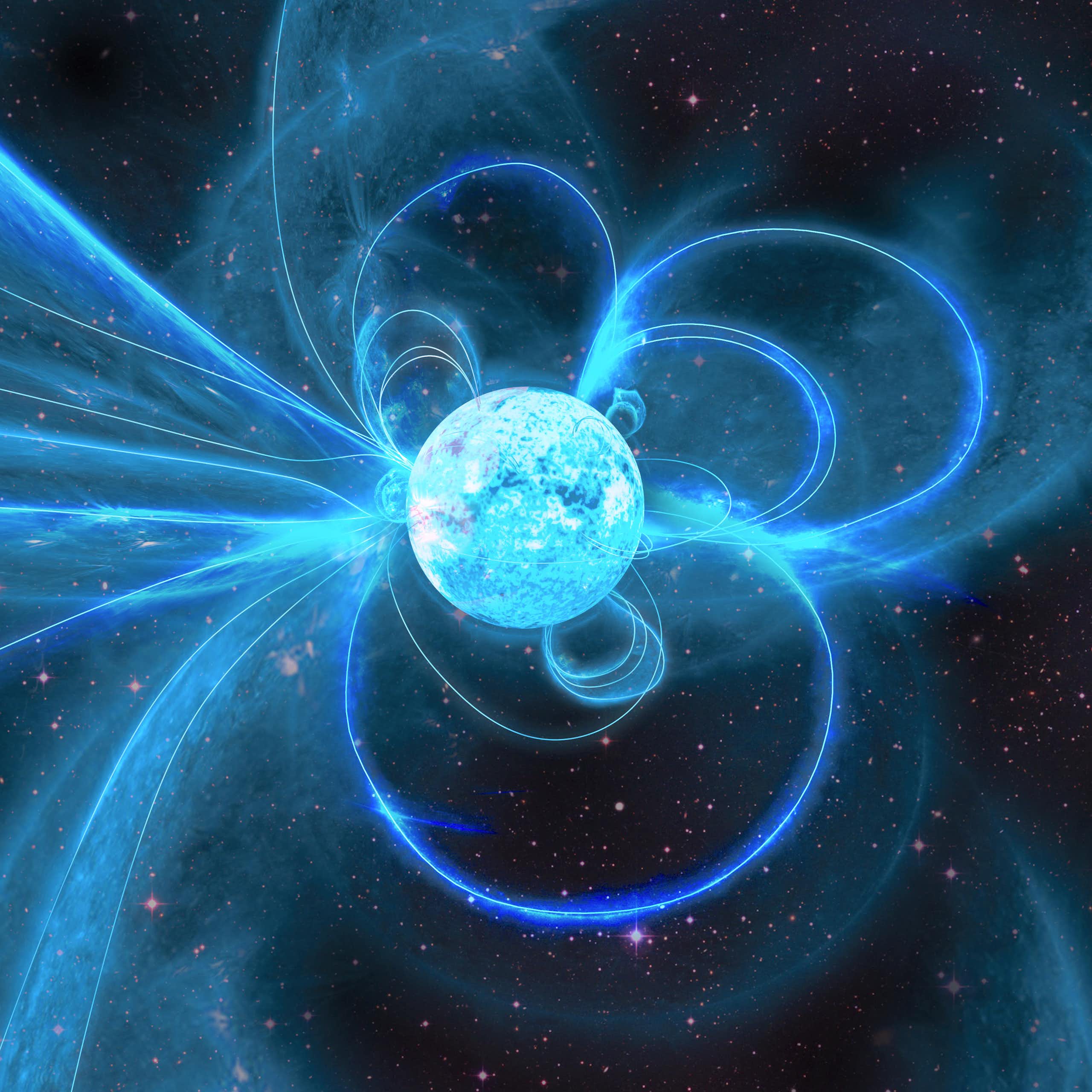 Stylised image of blue-coloured star with representations of magnetic field lines