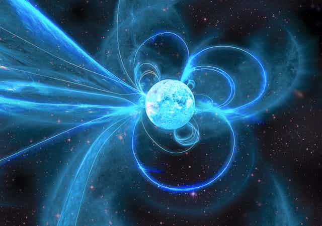 Stylised image of blue-coloured star with representations of magnetic field lines