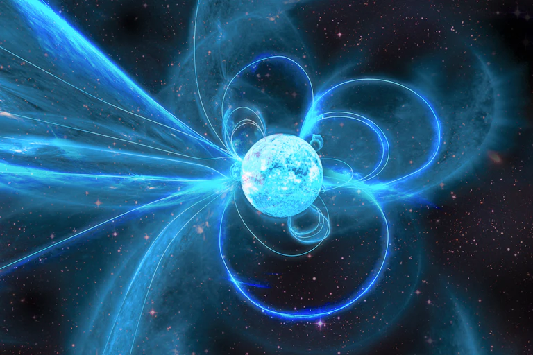 Stylised image of blue-coloured star with representations of magnetic field lines