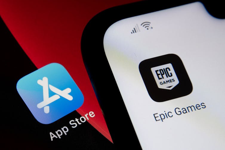 App store icon, epic games icon, both on a phone screen