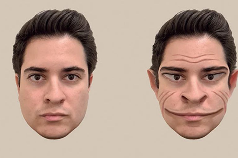 Side by side comparison of the same face, the one on the right hand side is distorted