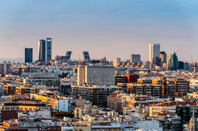 Madrid city centre aerial panoramic view at sunset, 2020.