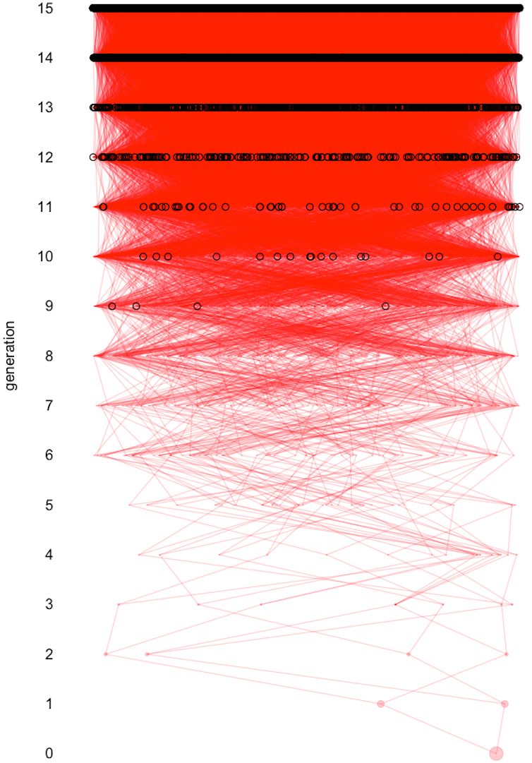 a web of red lines getting denser and denser toward the top of the image, with generations marked 0 to 15 running vertically upwards