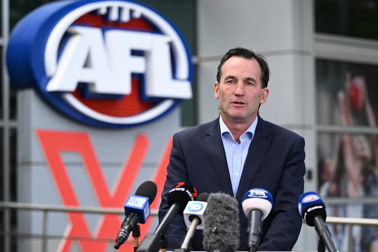 AFL CEO ndrew Dillon speaks to media during a press conference