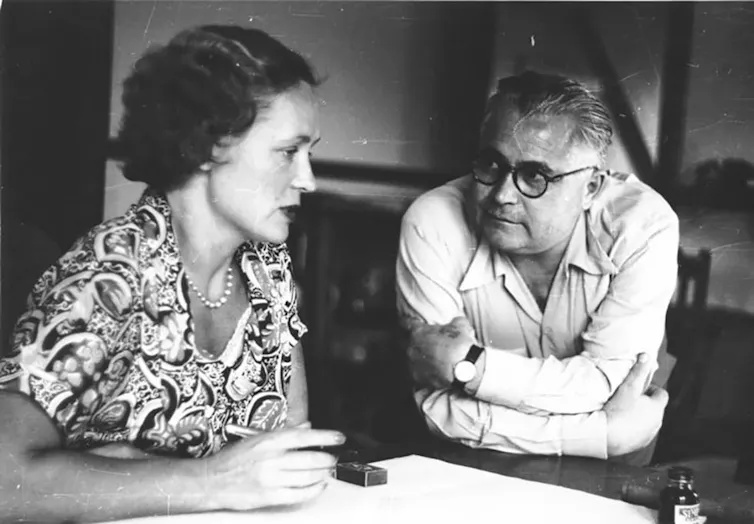Vladimir Petrov and Evdokia Petrov inside the safe house in which they were held following their defection to Australia. Photograph presented as evidence to the Royal Commission on Espionage.