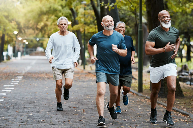 A running group of older men.
