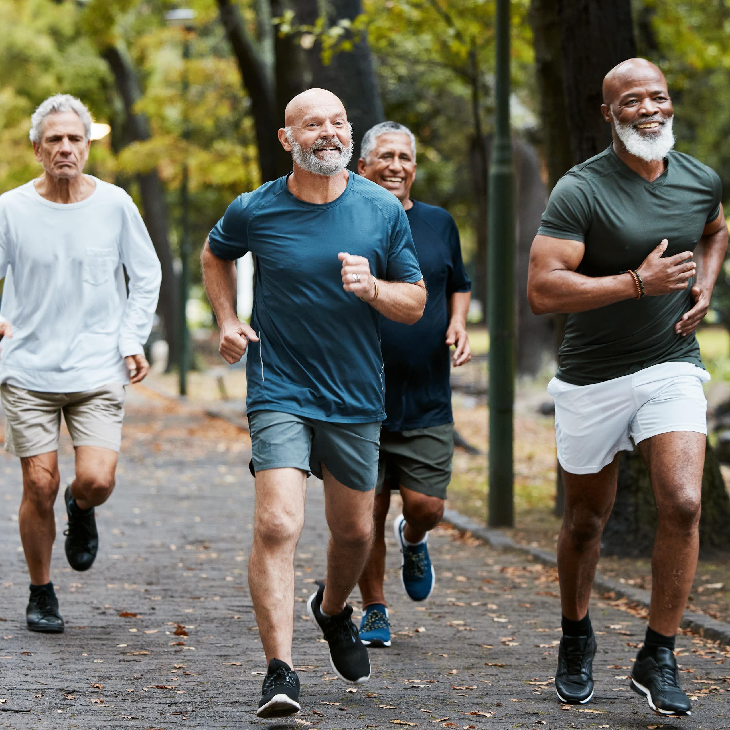 A running group of older men.