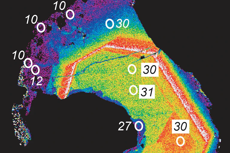 Microscopy heat map of an oblong sliver, with violet at the edges and yellow toward its center, with numbers indicating millions of years superimposed.