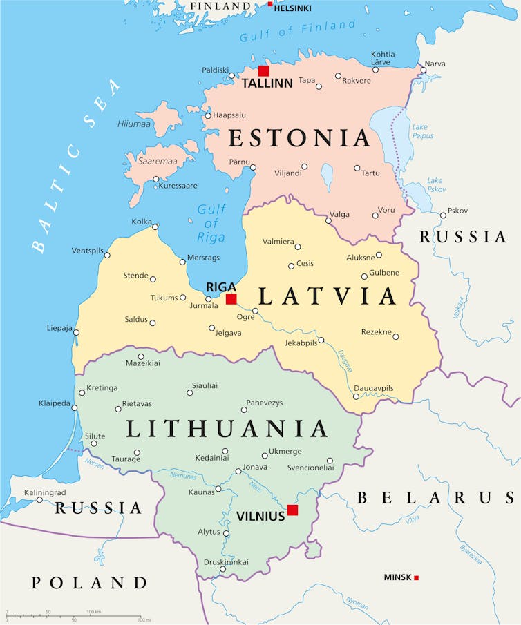 Map of the Baltic states, Russia, Belarus and Poland.