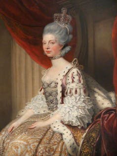 A historical painting of a queen.